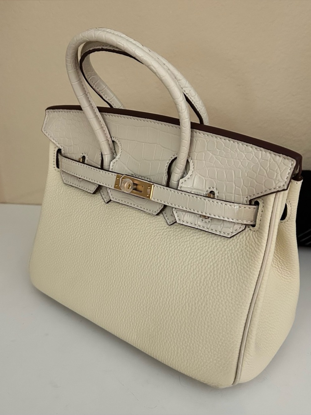 25cm Cream White Crocodile Embossed Top Handle Leather Satchel